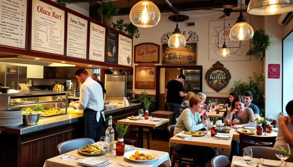 Image generation prompt: Restaurants in Slovenia with special menus, chefs preparing dishes, and customers enjoying meals