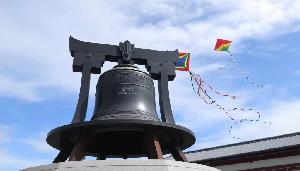 Image generation prompt: The Korean Bell of Friendship in San Pedro, with a kite flying in the background.