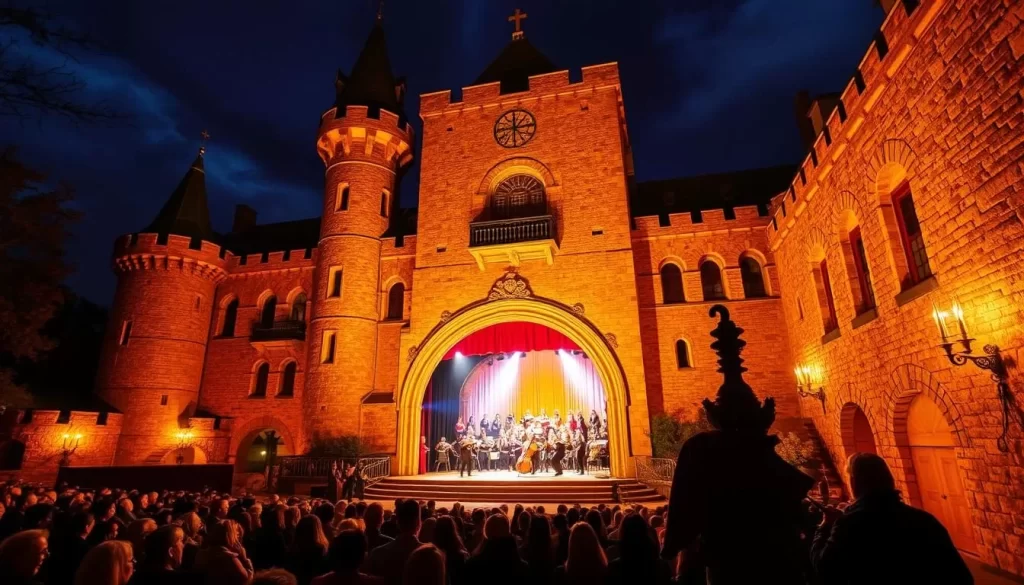 Image generation prompt: The majestic Olavinlinna Castle with opera performances taking place within its medieval walls.