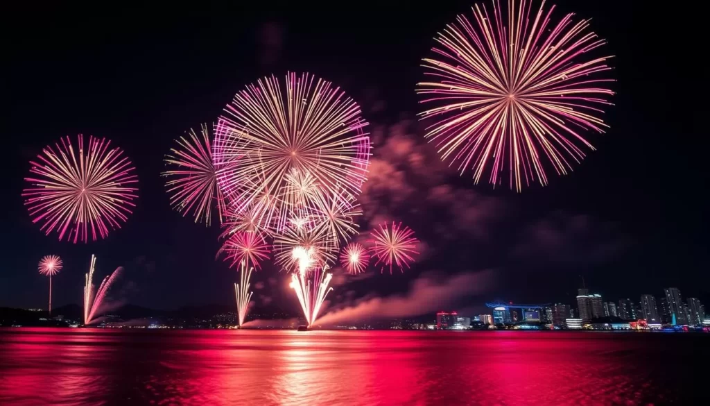 Image generation prompt for Biwako Great Fireworks Festival: A vibrant fireworks display over Lake Biwa during the Biwako Great Fireworks Festival.