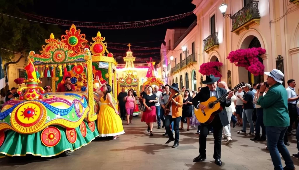 Image generation prompt for Carnaval de San Miguel: A vibrant street scene in San Miguel with people dancing, floats, and live music.