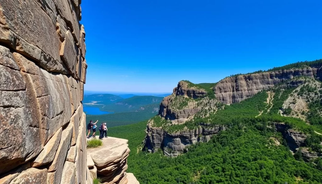 Image generation prompt for Cathedral Ledge: A dramatic rock face with hikers climbing and people standing at the edge taking in the breathtaking views.