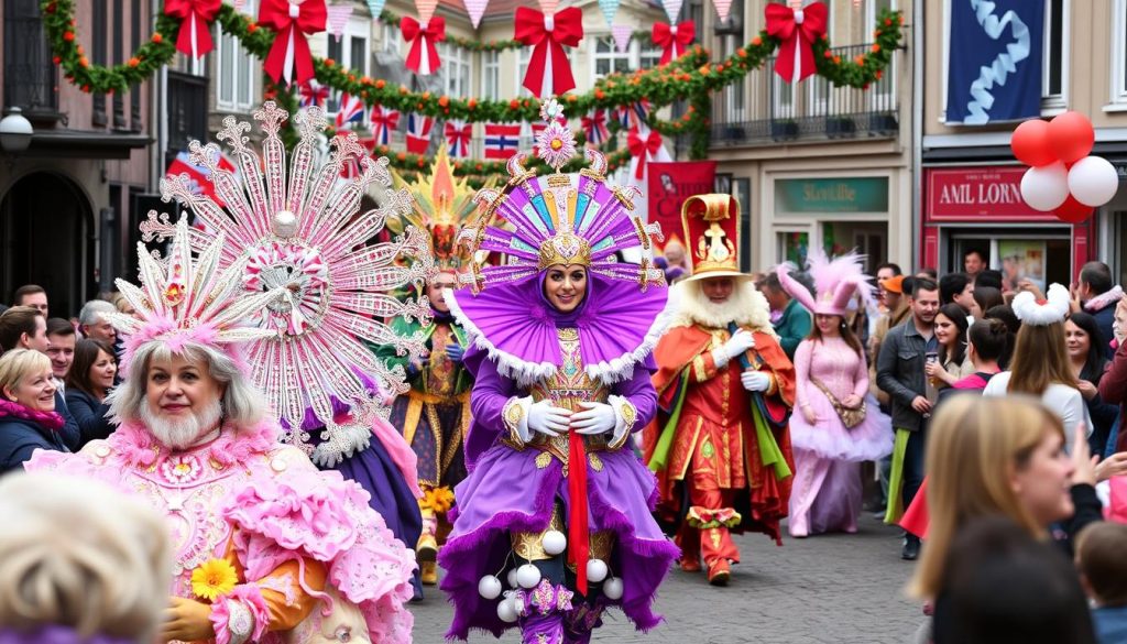 Image generation prompt for Dutch Carnival in Maastricht: "A colorful street parade with people in elaborate costumes during the Dutch Carnival in Maastricht."