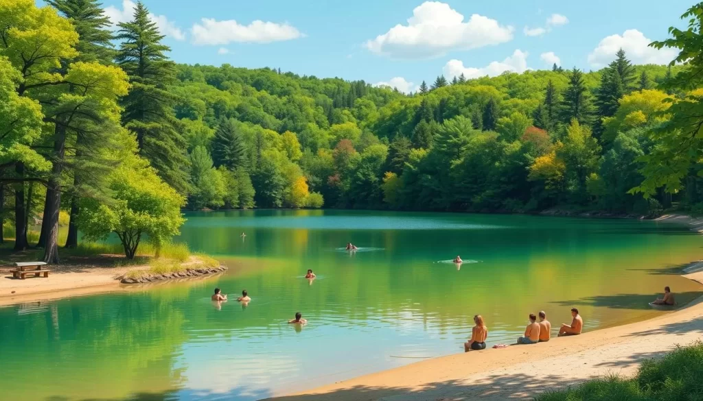 Image generation prompt for Echo Lake State Park: A serene lake surrounded by lush greenery and trees, with a few people swimming and picnicking on the shore.
