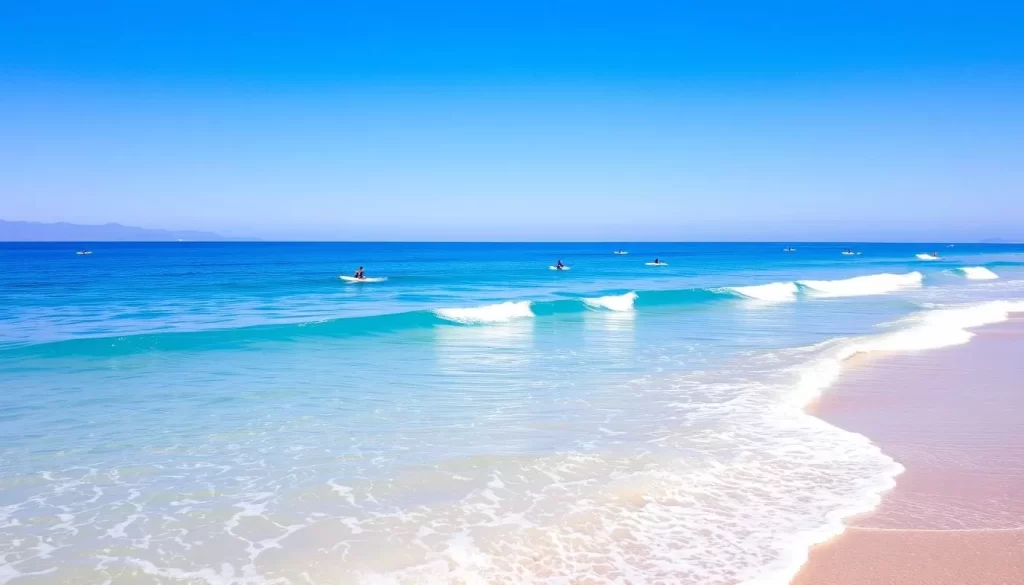 Image generation prompt for El Zonte: A serene beach scene with crystal-clear waters and a few surfers riding the waves.