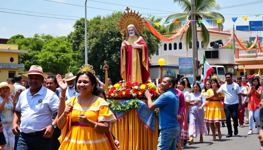 Image generation prompt for Fiestas Agostinas: A colorful procession in San Salvador with people carrying the statue of El Salvador del Mundo.