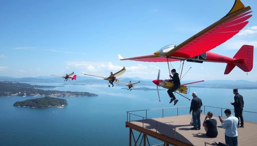 Image generation prompt for Japan International Birdman Rally: Participants in handmade flying contraptions launching from a platform over Lake Biwa during the Japan International Birdman Rally.