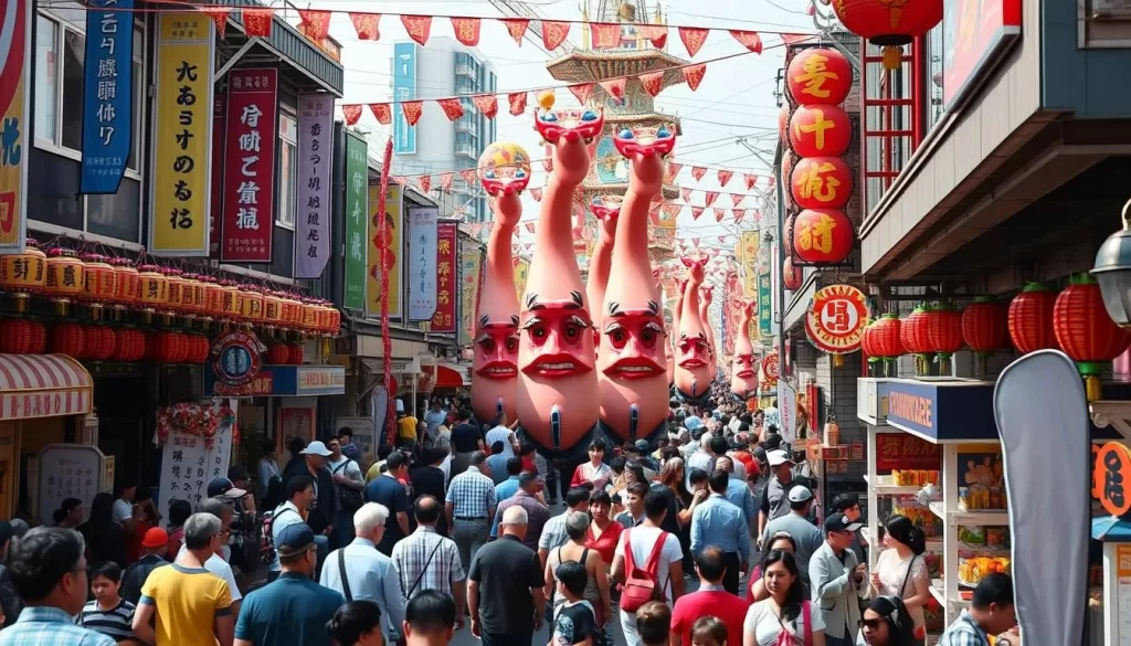 Image generation prompt for Kanamara Matsuri Kawasaki: A vibrant street festival with large phallic symbols and colorful decorations.