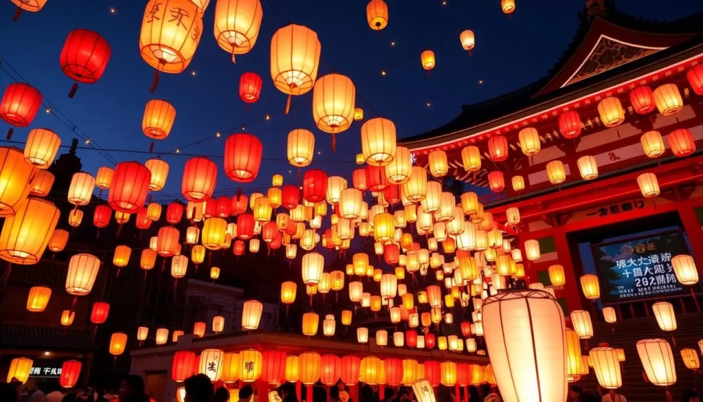 Image generation prompt for Manto-sai Lantern Festival: Thousands of lanterns lit up at Taga Taisha Shrine during the Manto-sai Lantern Festival.