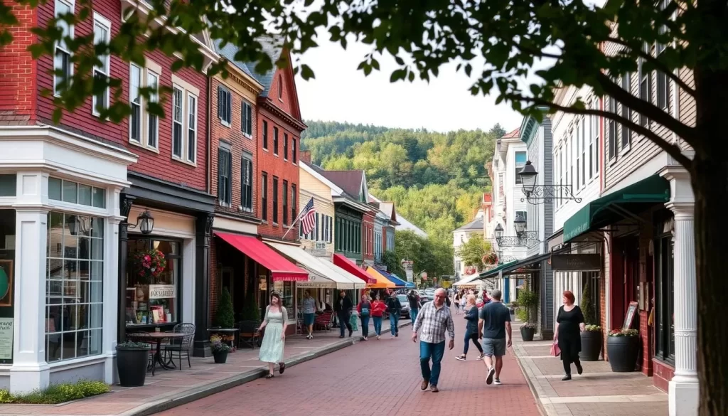 Image generation prompt for North Conway Village: A quaint Main Street with shops, restaurants, and people strolling, surrounded by historic buildings.
