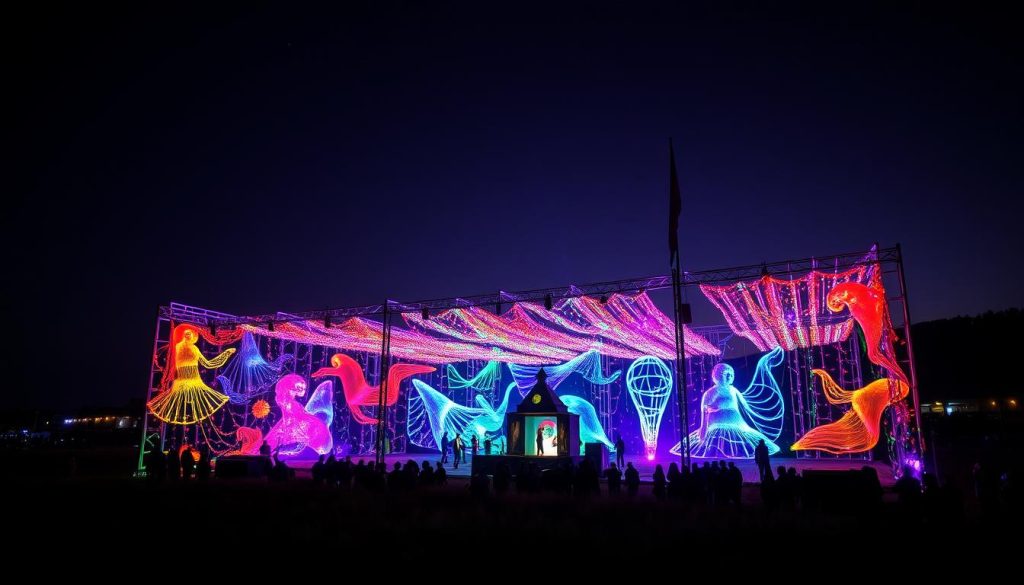 Image generation prompt for Oerol Festival on Terschelling Island: The Oerol Festival transforming the natural landscapes of Terschelling Island into a vast performance space with art installations and performances.