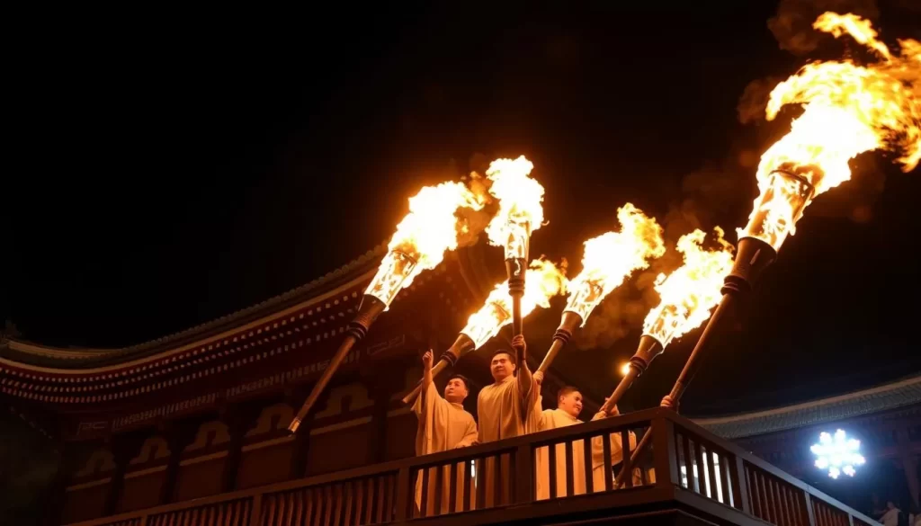 Image generation prompt for Omizutori Nara: Priests carrying massive burning torches on the balcony of Todaiji Temple's Nigatsudo Hall.