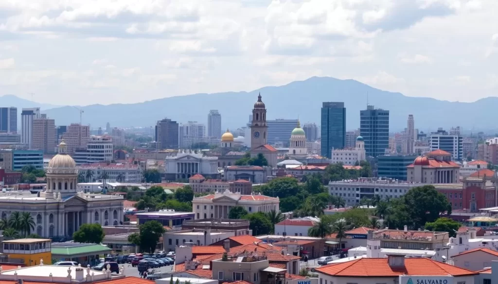 Image generation prompt for San Salvador City Excursions: A vibrant cityscape with historical landmarks and modern architecture.