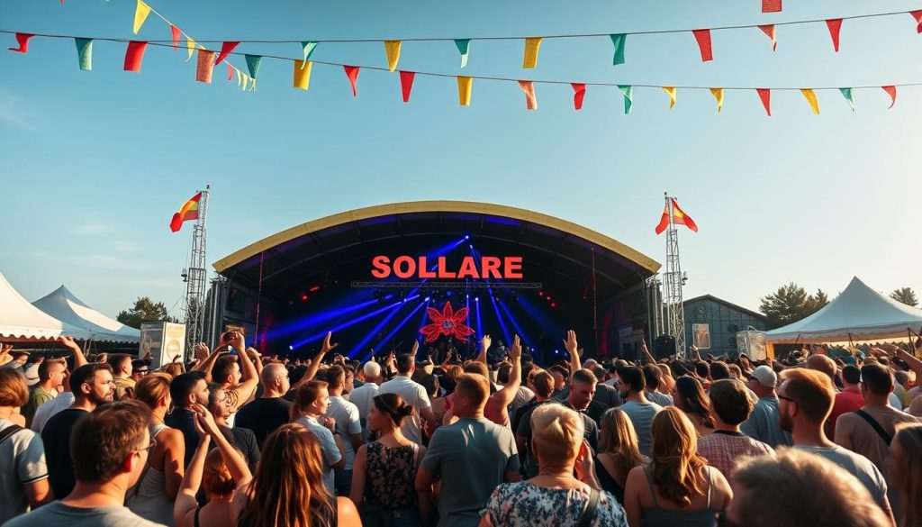 Image generation prompt for Solar Weekend Festival in Roermond: A lively atmosphere at the Solar Weekend Festival with attendees enjoying music and festivities.
