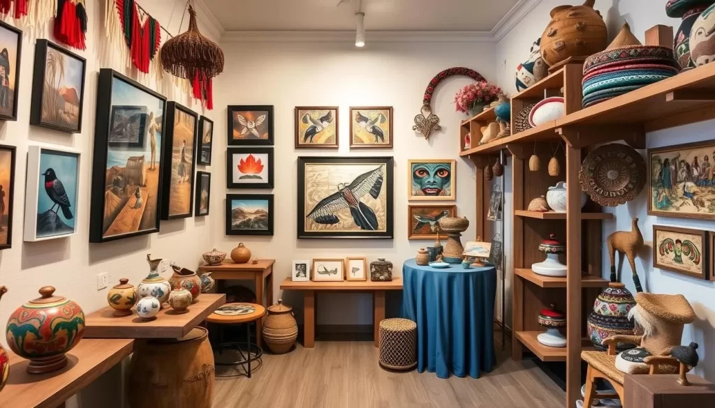 Image generation prompt for Soper House Gallery: A vibrant gallery showcasing Inuit art and local handicrafts in Kimmirut.