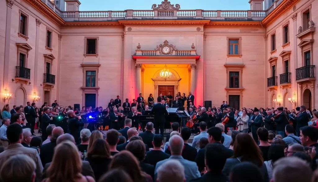 Image generation prompt for Three Palaces Festival Malta: An evening concert at one of Malta's historic palaces during the Three Palaces Festival, with musicians performing on a grand stage.