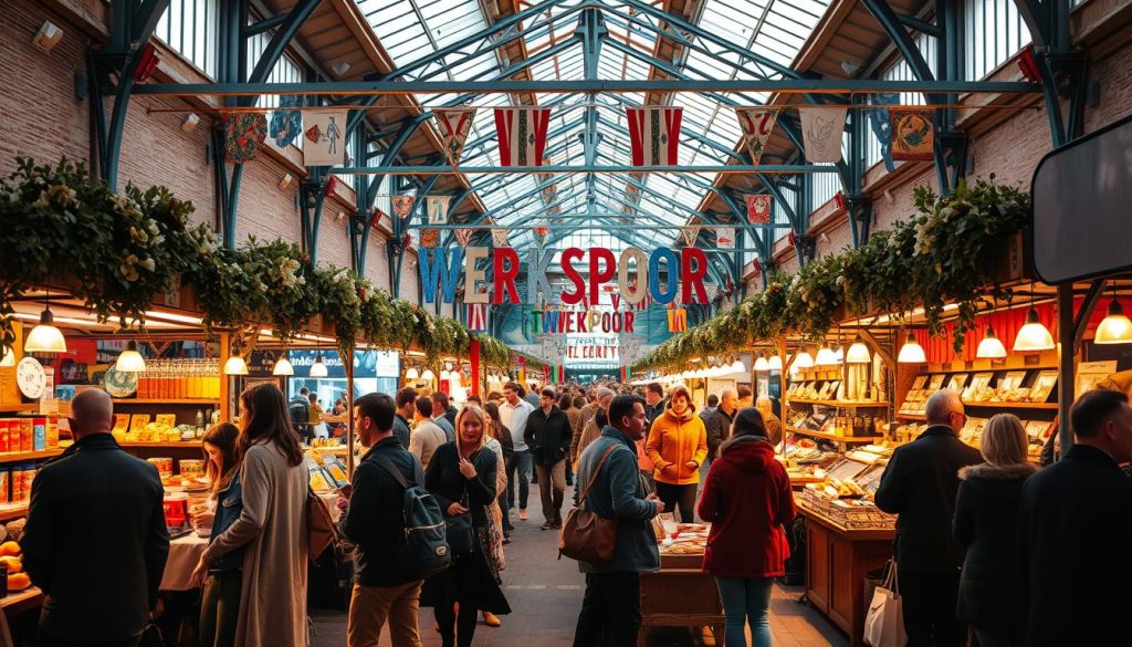 Image generation prompt for Werkspoor Festival: "A bustling indoor festival with stalls selling local products, live music, and people enjoying food and activities at the Werkspoor Festival in Utrecht."