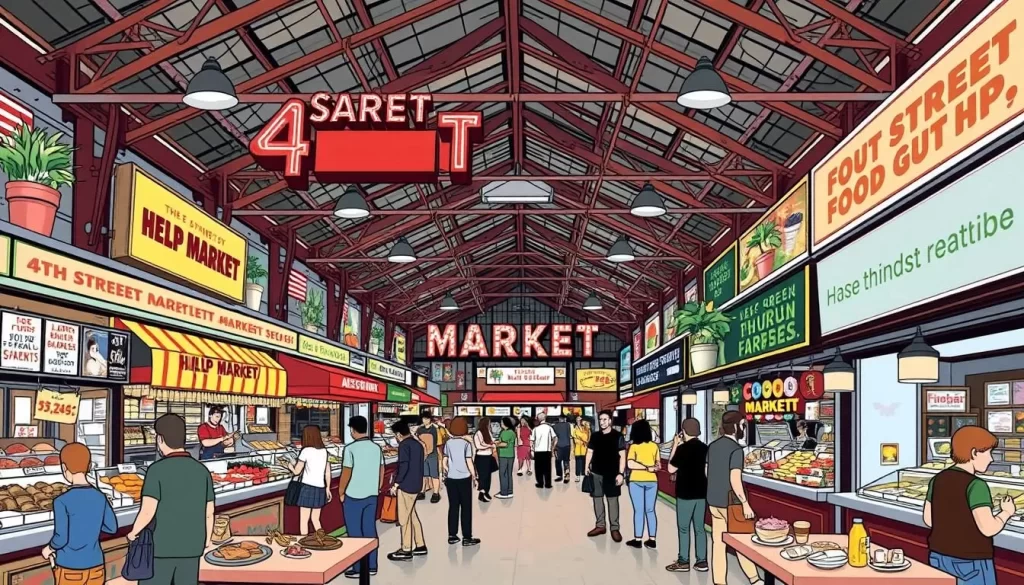 Image of 4th Street Market's vibrant food hall with various vendors