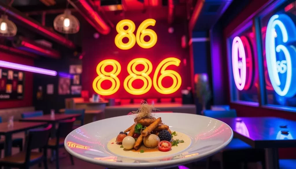 Image of 886's neon-lit interior or a signature dish