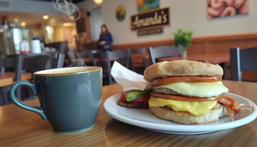Image of Amanda's Bakery & Bistro with a fresh coffee and breakfast sandwich.