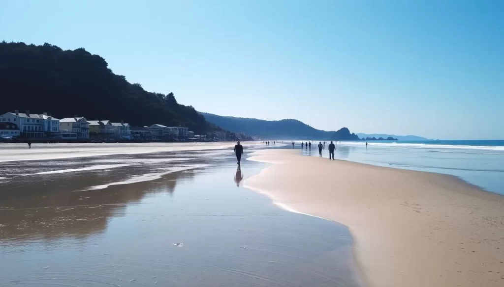 Image of Angel Road at low tide with the sandbar visible and people walking on it.