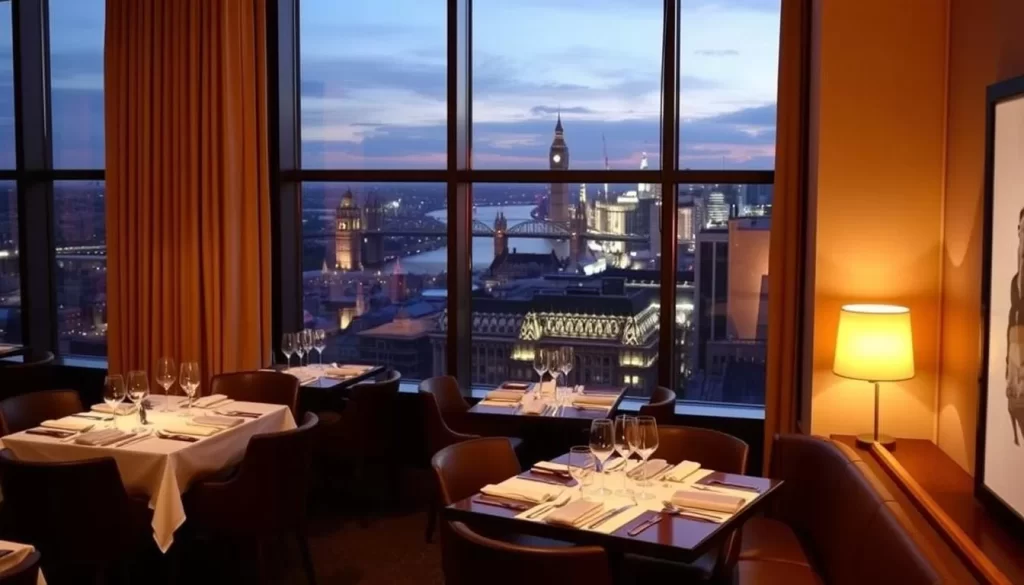 Image of Angler restaurant at South Place Hotel with a stunning view of London's skyline
