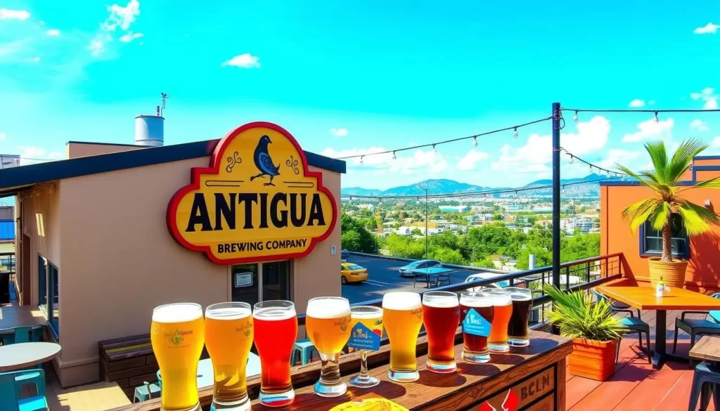 Image of Antigua Brewing Company's rooftop with craft beers