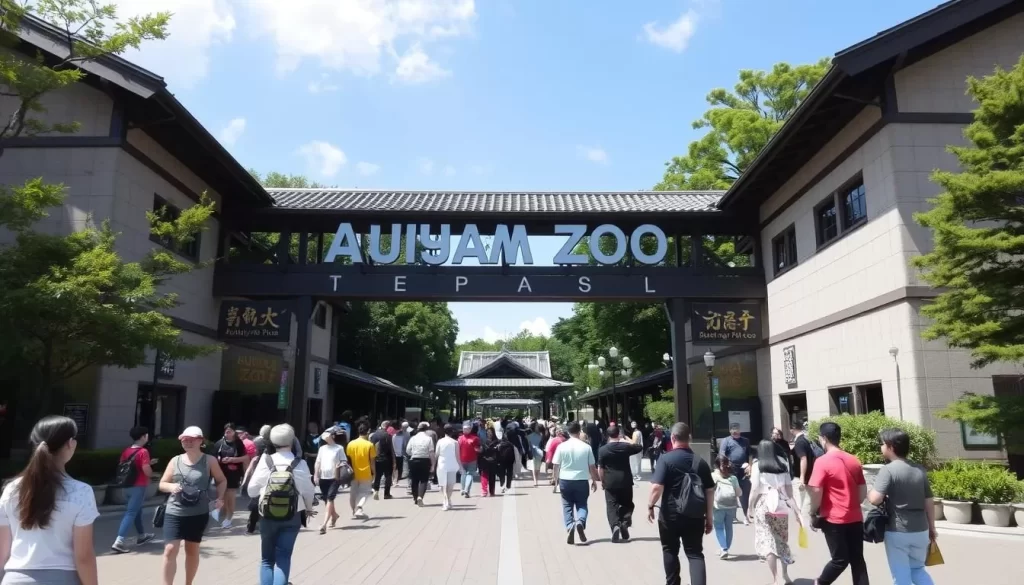 Image of Asahiyama Zoo's main entrance with visitors walking towards it