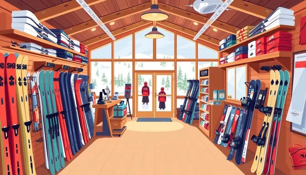 Image of Asessippi Ski Area's rental shop with various skiing and snowboarding equipment.