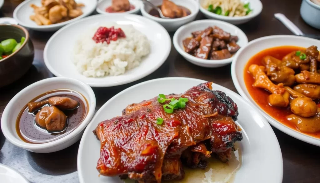 Image of BBQ King House's Small Peking Duck Dinner, highlighting the crispy duck skin and accompanying dishes.