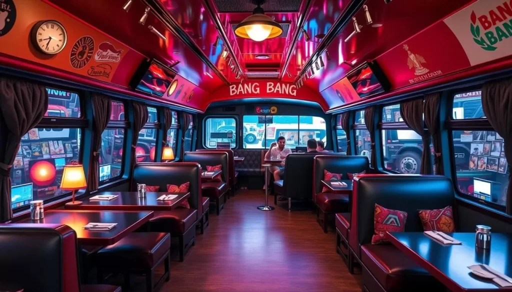 Image of Bang Bang Bangkok's interior, showcasing the bus-themed dining area