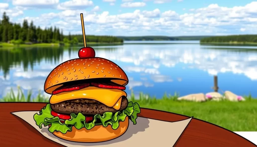 Image of Bar Willow Eatery's Bison Berry Burger with a stunning view of Wascana Lake in the background.
