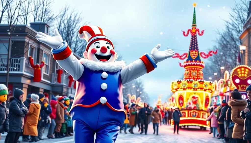 Image of Bonhomme Carnaval, the mascot of the Quebec Winter Carnival, leading a parade