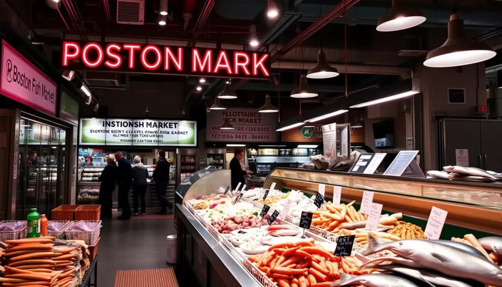 Image of Boston Fish Market's exterior or interior with a variety of seafood on display