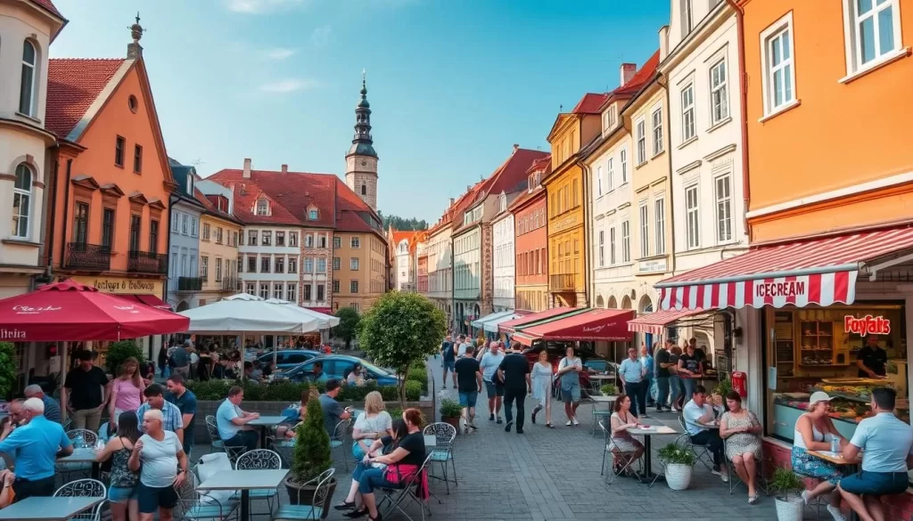 Image of Bratislava's charming old town during early summer with outdoor cafes and ice cream shops open