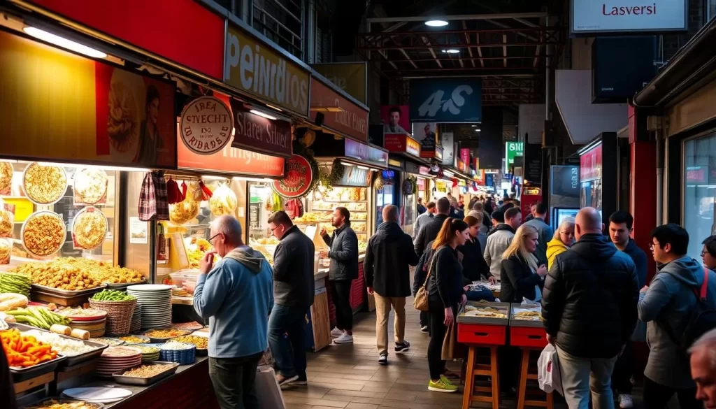 Image of Brick Lane food market with diverse street food stalls