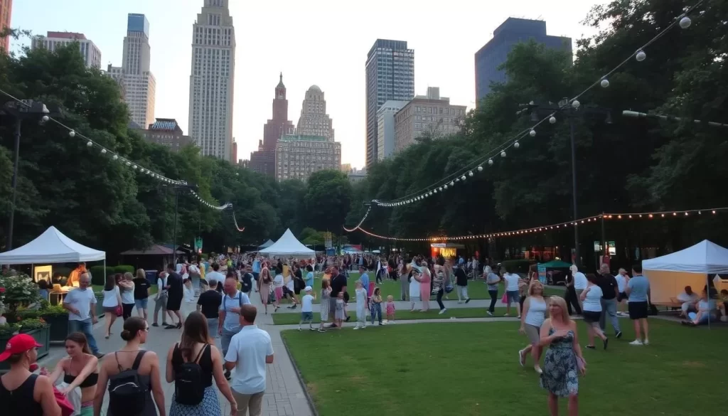 Image of Bryant Park during a summer evening with people enjoying outdoor events