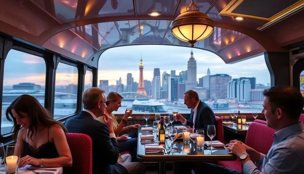 Image of Bustronome's double-decker bus with diners enjoying a meal