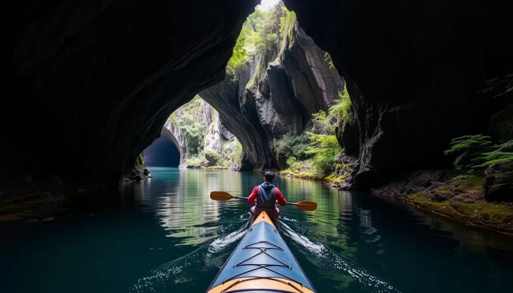 Image of Caddy Lake Tunnels with a canoe or kayak navigating through them