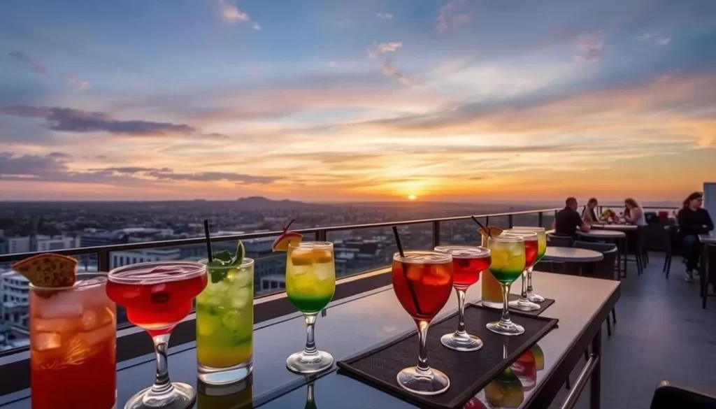 Image of Cafe Sky's rooftop bar with cocktails