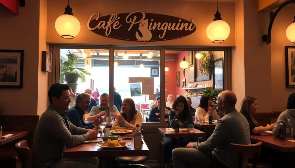 Image of Caffé Pinguini in Playa Del Rey with its cozy atmosphere and customers enjoying tortellini in brodo