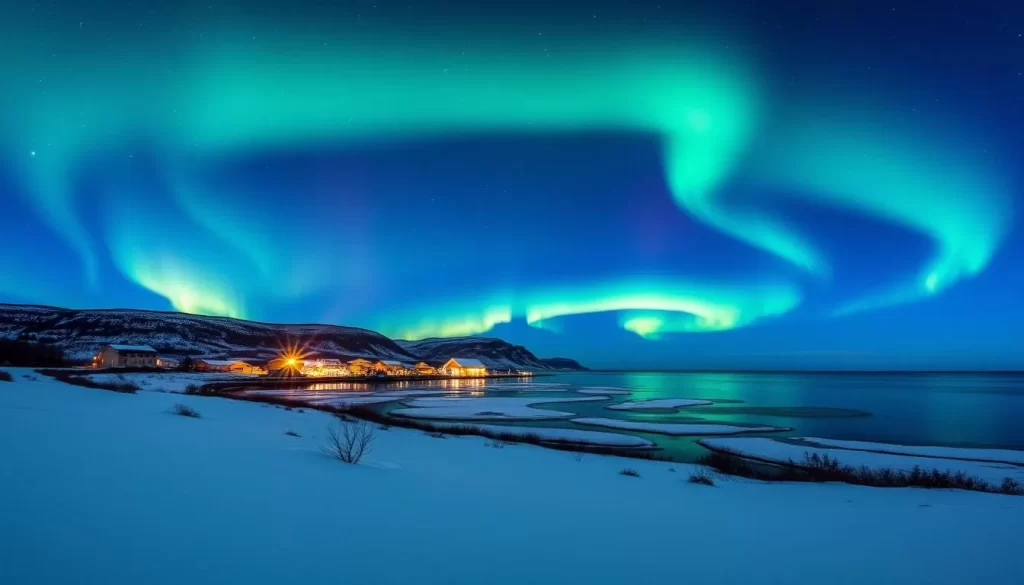 Image of Cambridge Bay's winter landscape with Northern Lights
