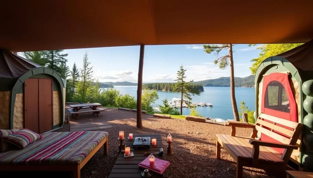 Image of Campers Cove campground with yurts and lakeside views