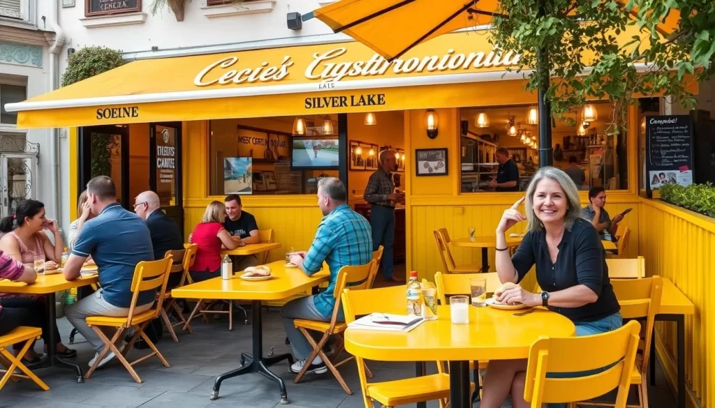 Image of Ceci's Gastronomia in Silver Lake with its bright yellow outdoor tables and customers enjoying focaccia sandwiches