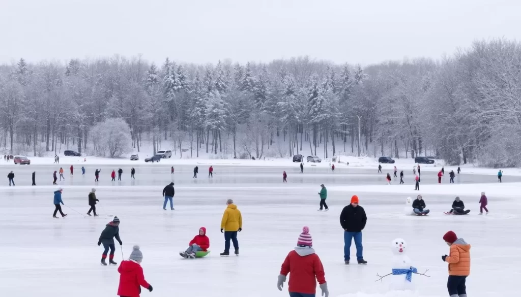Image of Cedar Lake frozen in winter with snow-covered trees and people engaging in winter activities