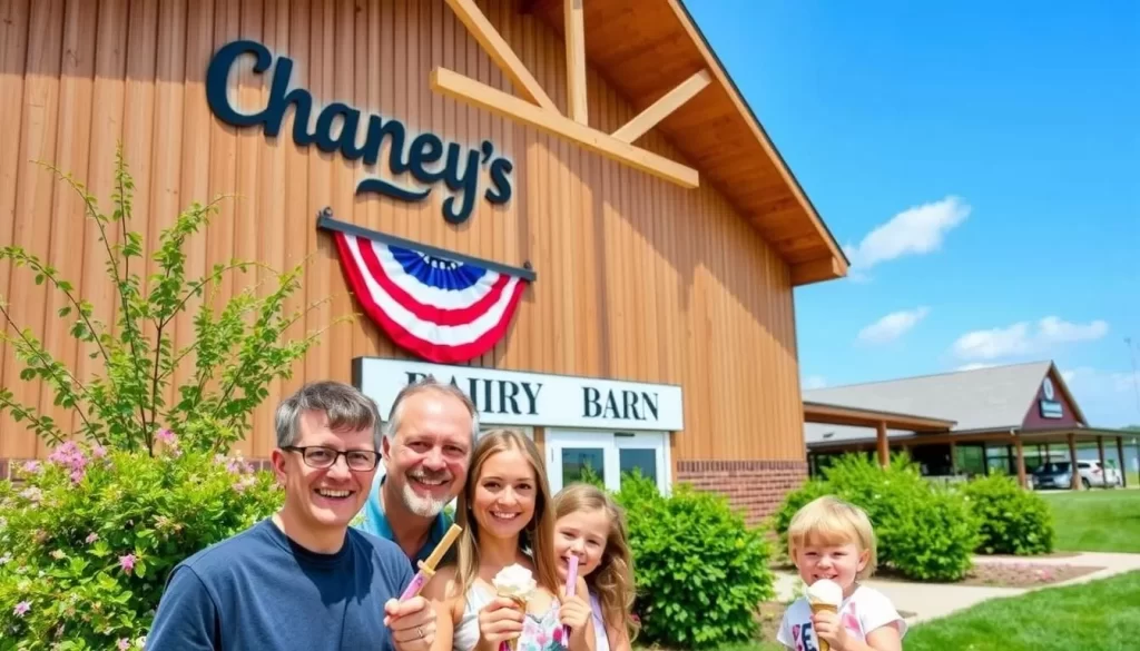 Image of Chaney's Dairy Barn in Bowling Green, Kentucky, with a family enjoying ice cream cones in front of the farm.