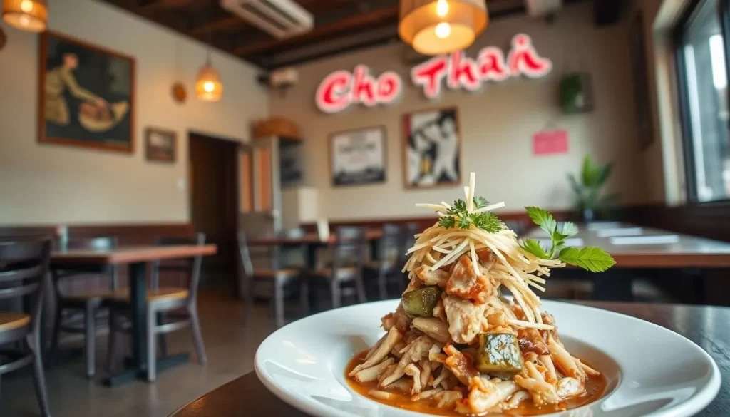 Image of Chao Thai restaurant in Elmhurst, Queens, with a simple, utilitarian setting and a dish of duck larb.