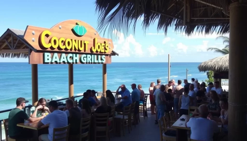 Image of Coconut Joe's Beach Grill with a bustling rooftop bar and ocean views