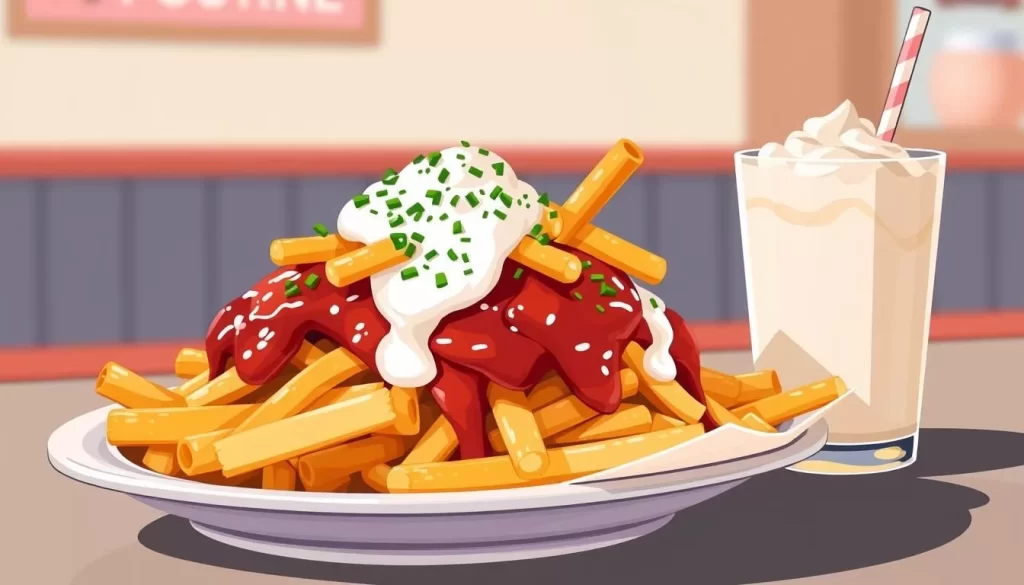 Image of Coney Island Poutine's signature poutine dish, with a side of milkshake.