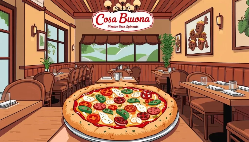 Image of Cosa Buona's cozy dining area or a signature pizza